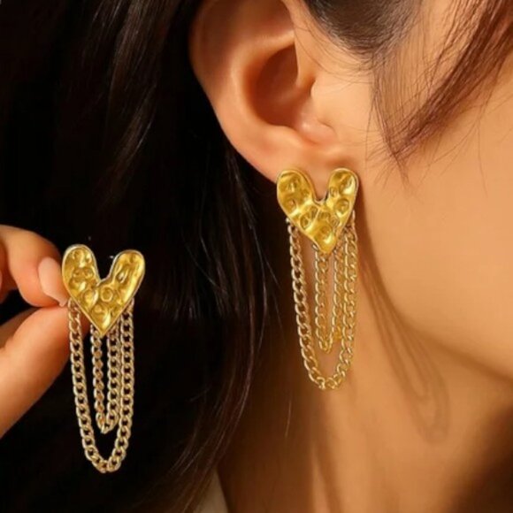 🆕️ Heart Tassel Earrings 💖 Trendy Chain Statement Jewelry 18K Gold Plated - Picture 9 of 12